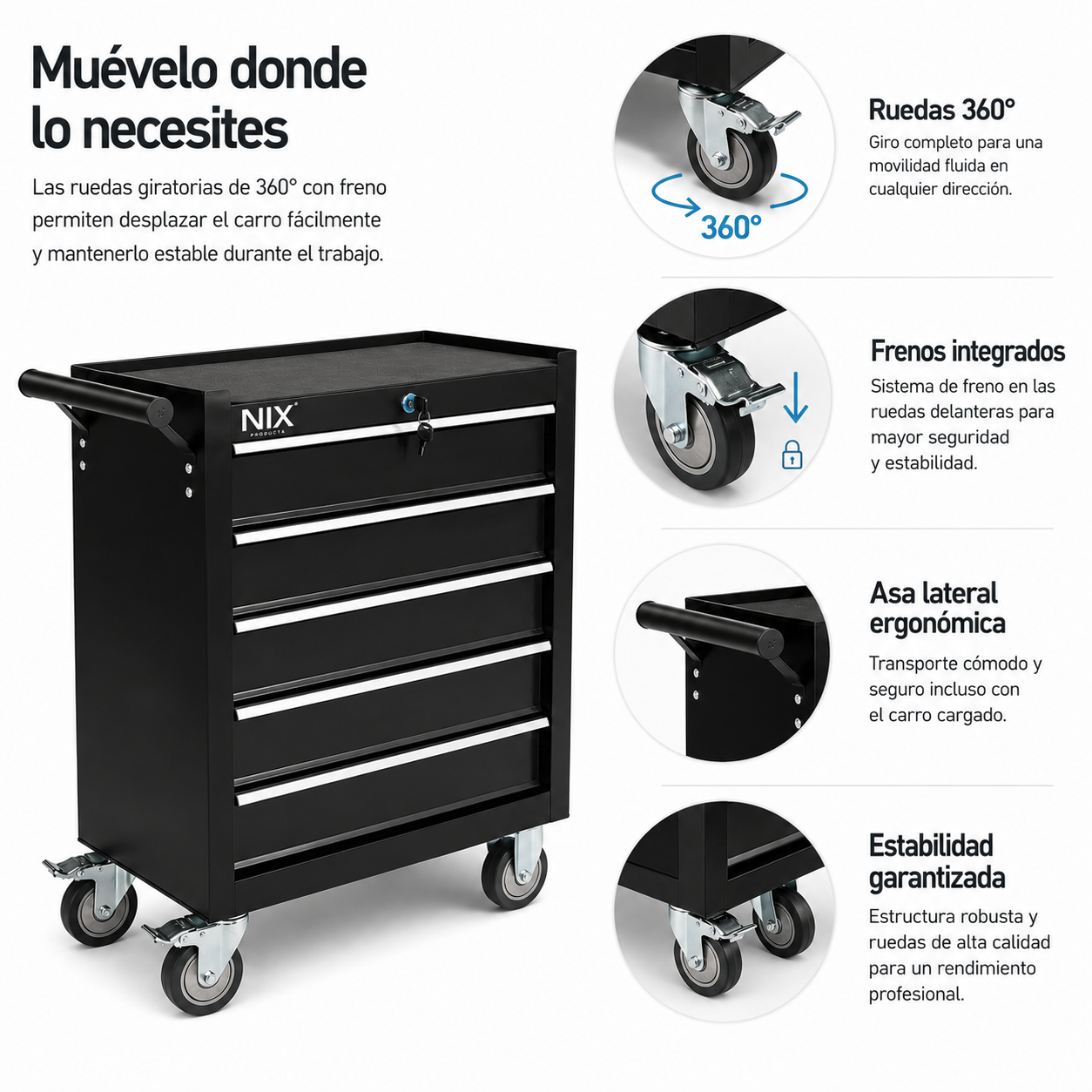 Carro de herramientas negro con cinco cajones y ruedas.