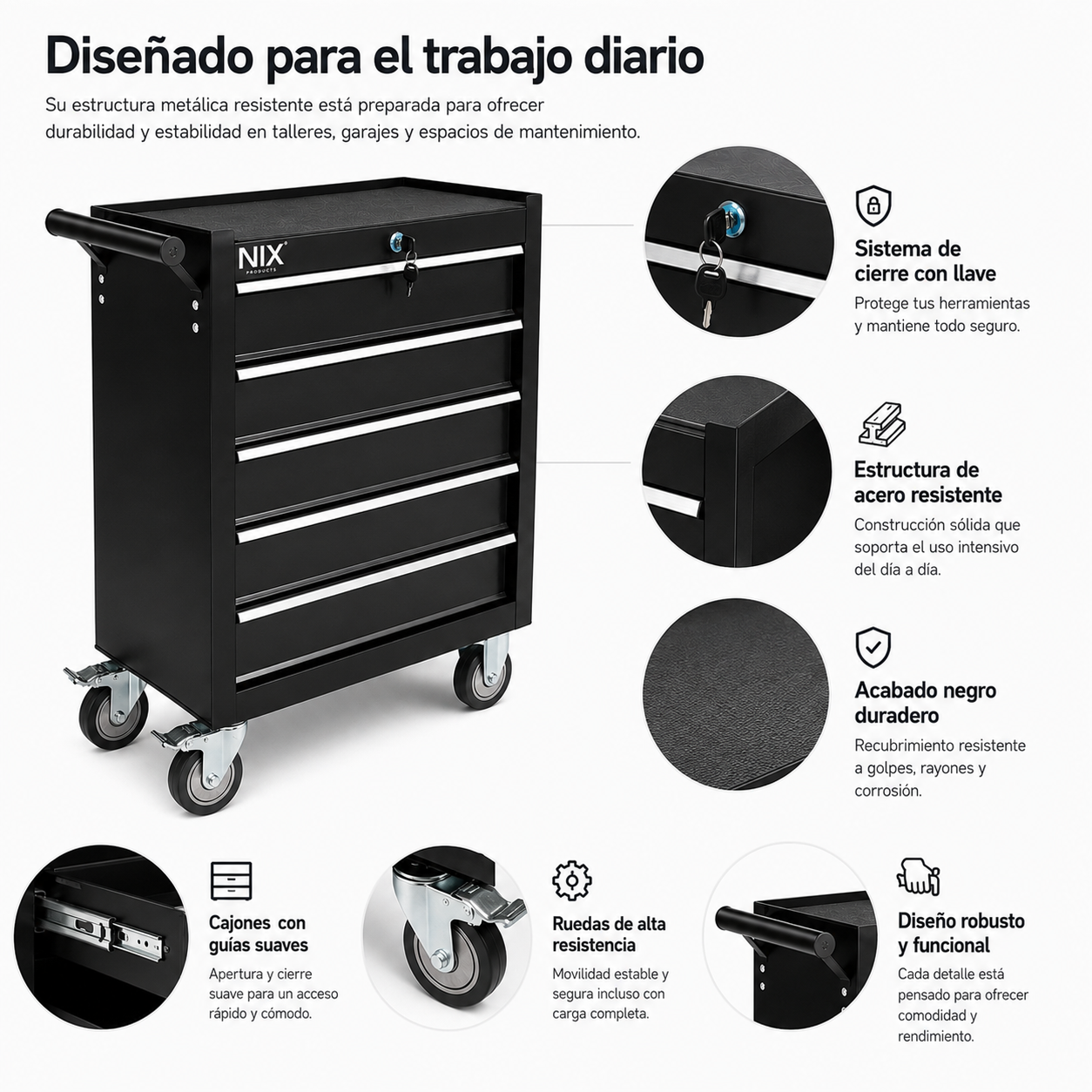 Un carro de herramientas negro con cinco cajones, ruedas y detalles destacados sobre sus características.