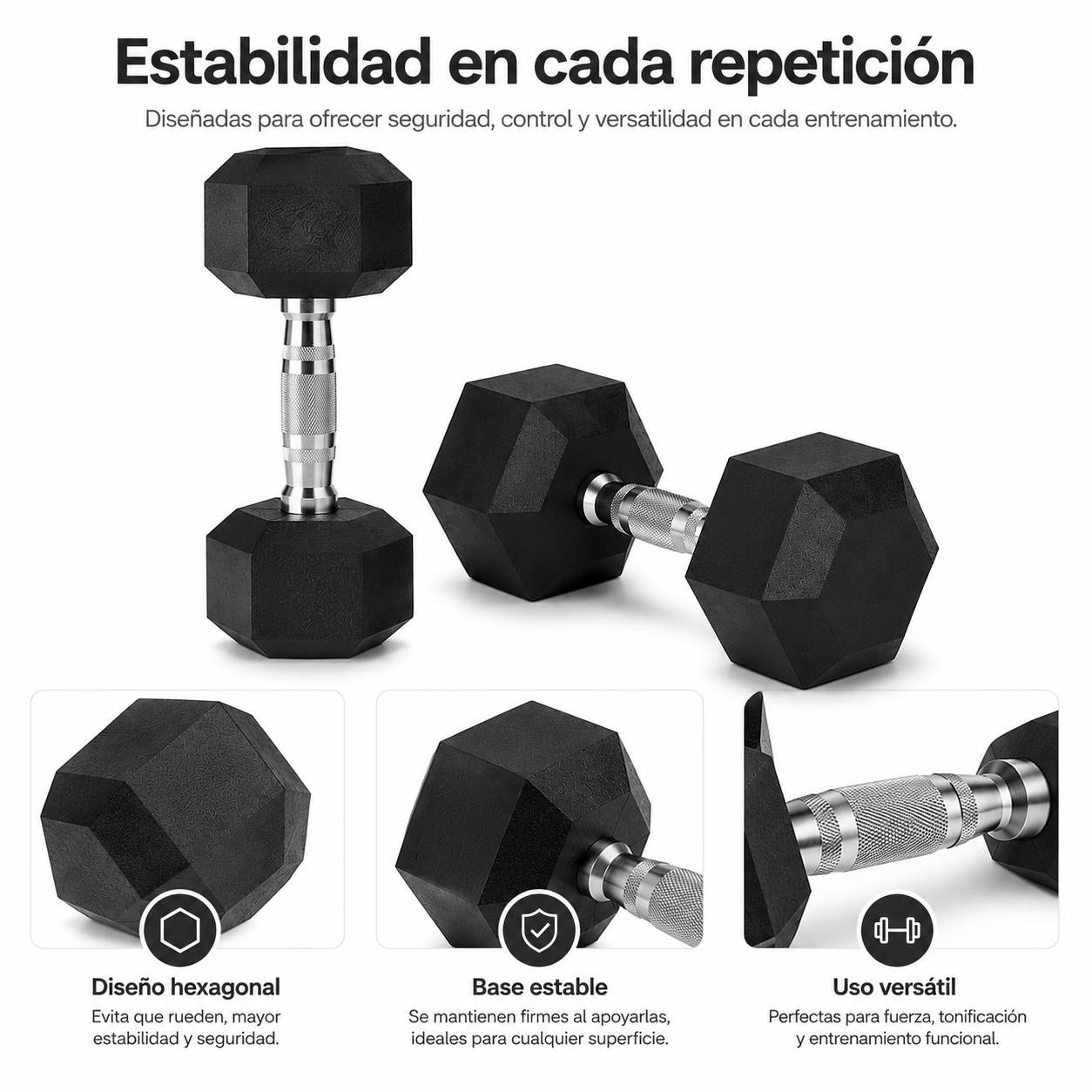 Tres mancuernas negras con pesas hexagonales y mangos texturizados sobre un fondo blanco.