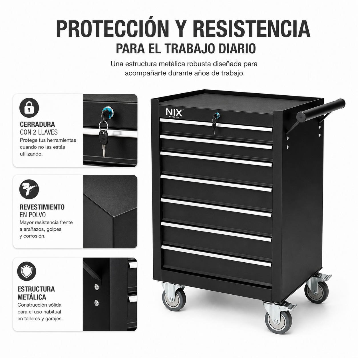 Un carro de herramientas negro con cajones, tirador, ruedas e inserciones detalladas de la cerradura y el revestimiento.