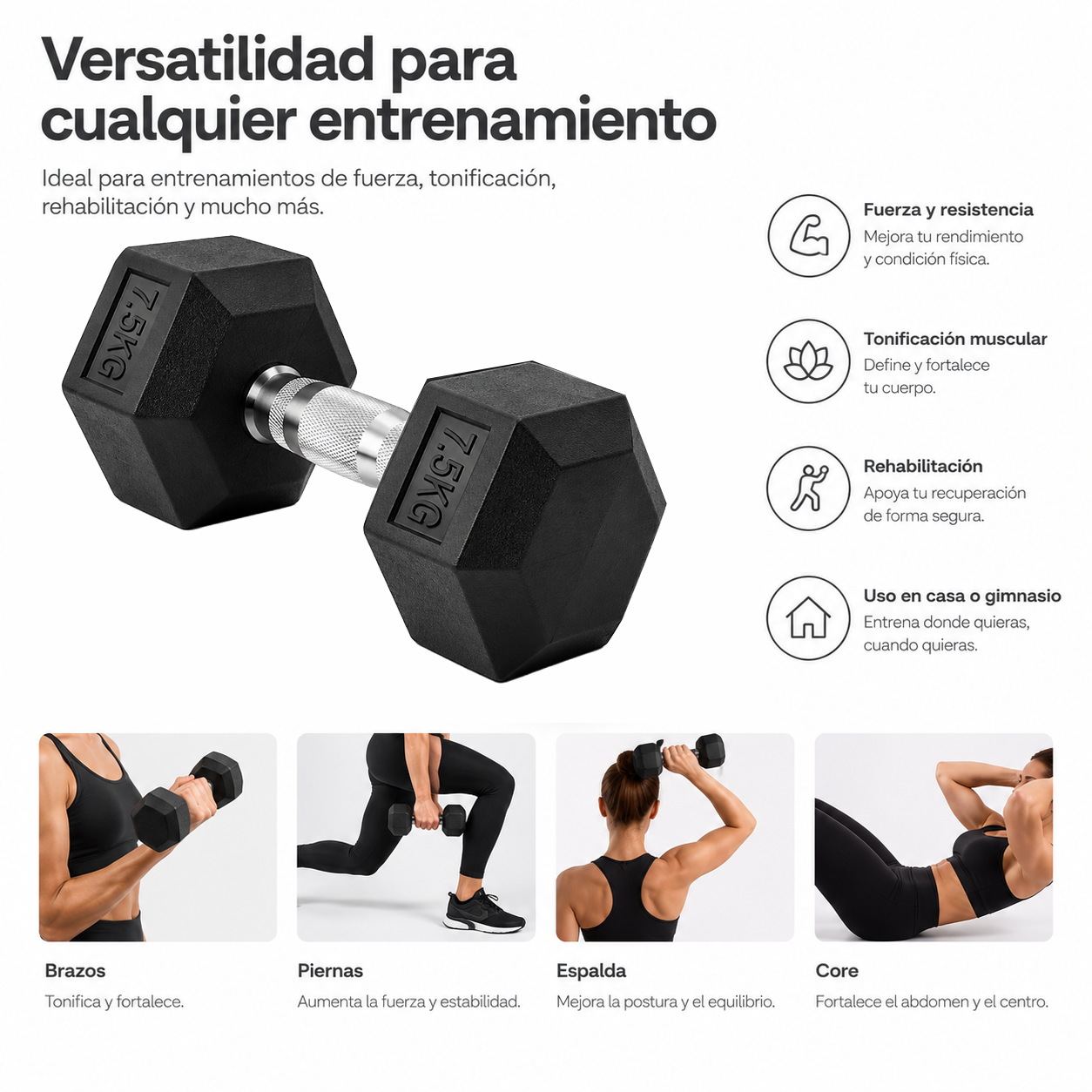 Una mancuerna hexagonal negra de 7.5 kg, iconos de beneficios y cuatro fotos mostrando ejercicios para brazos, piernas, espalda y core.