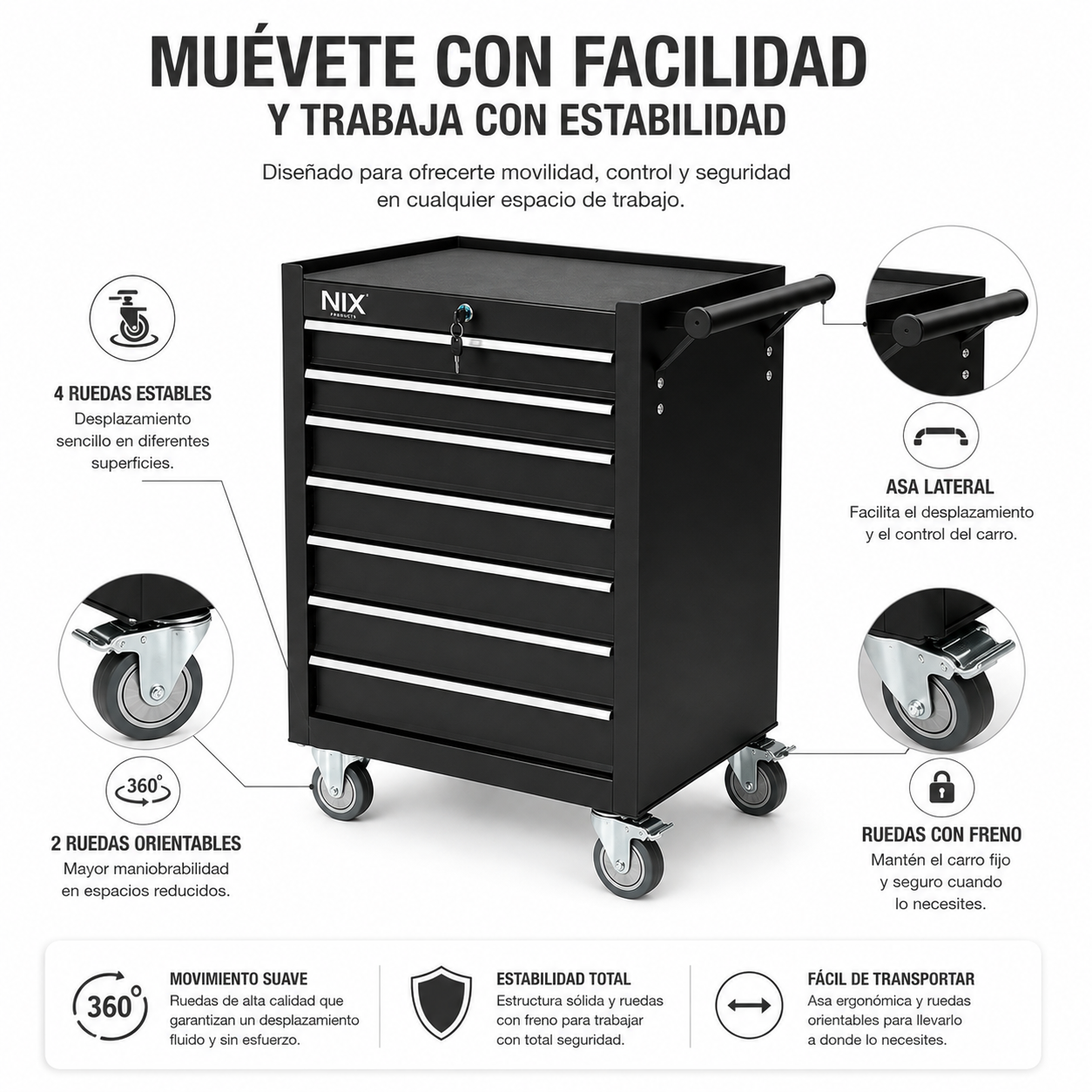 Un carro de herramientas negro con siete cajones, asa lateral y cuatro ruedas pivotantes sobre fondo blanco.