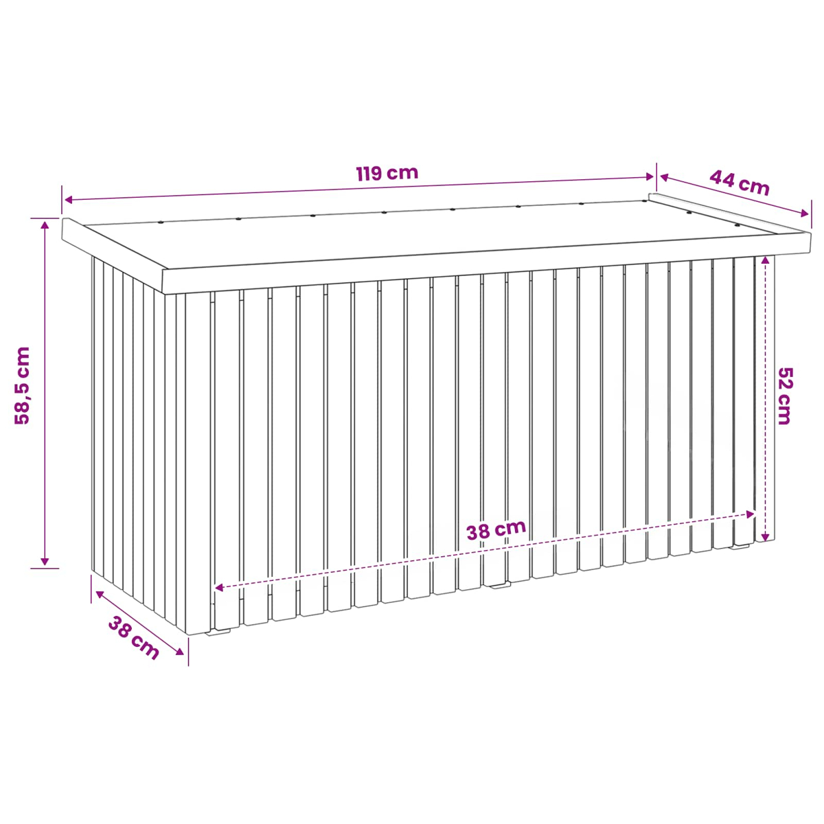 Linienzeichnung einer rechteckigen Gartenbox aus Holz mit angegebenen Maßen in cm.