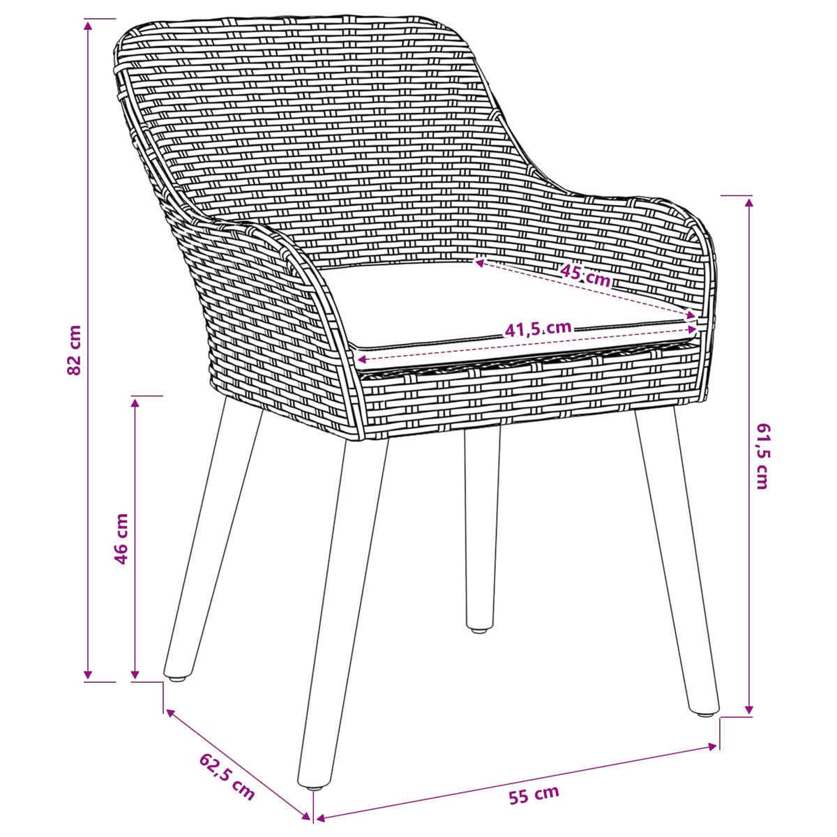 Linienzeichnung eines Rattansessels mit Kissen und Maßen in cm.