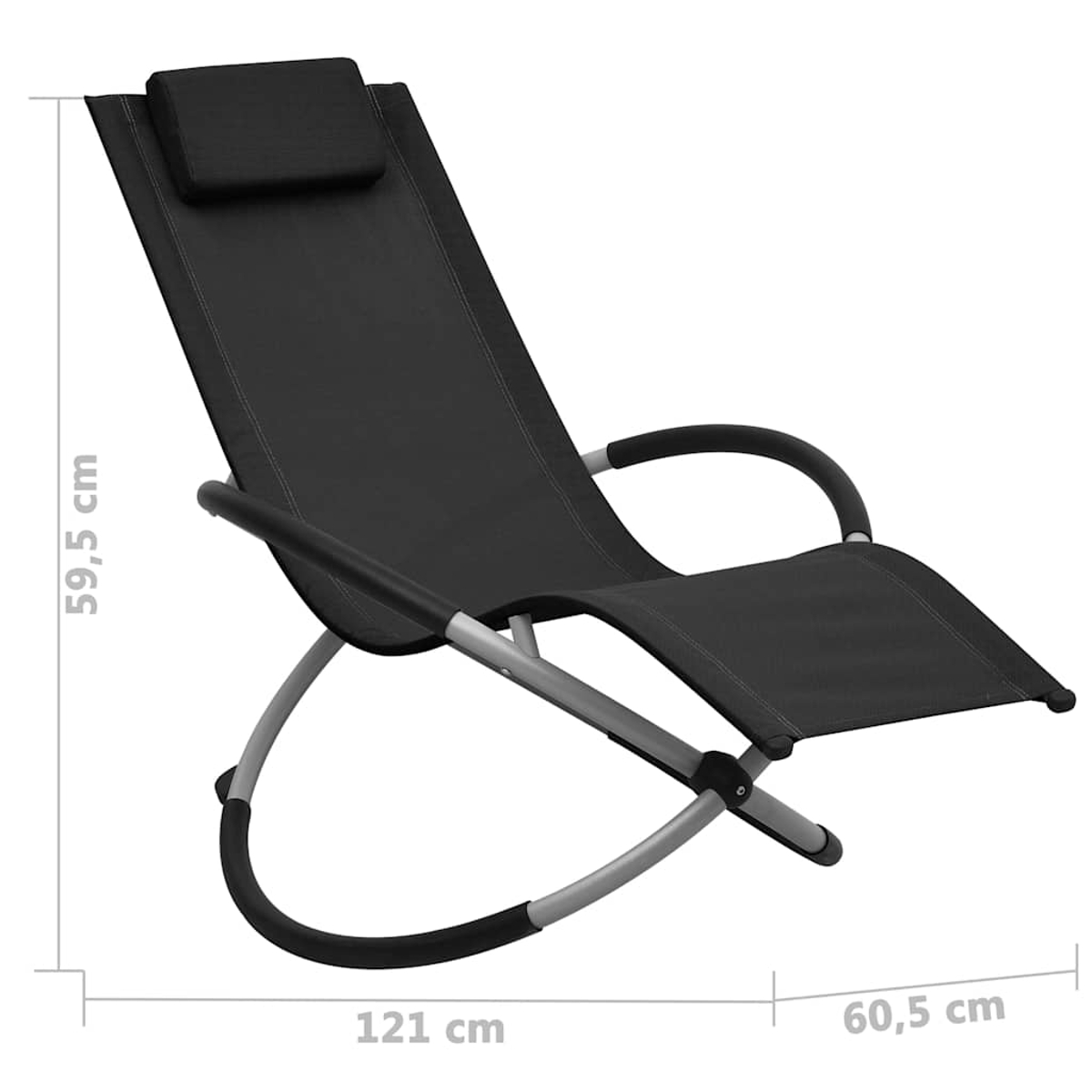 Schwarze Gartenliege mit silbernem Metallgestell und Kopfkissen, inklusive Maße.
