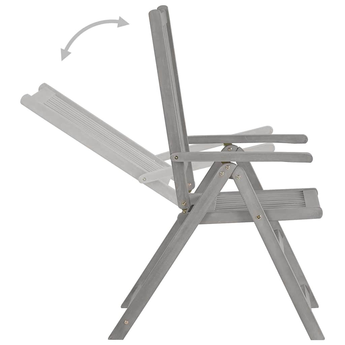Grauer Holzstuhl mit verstellbarer Rückenlehne, Seitenansicht.