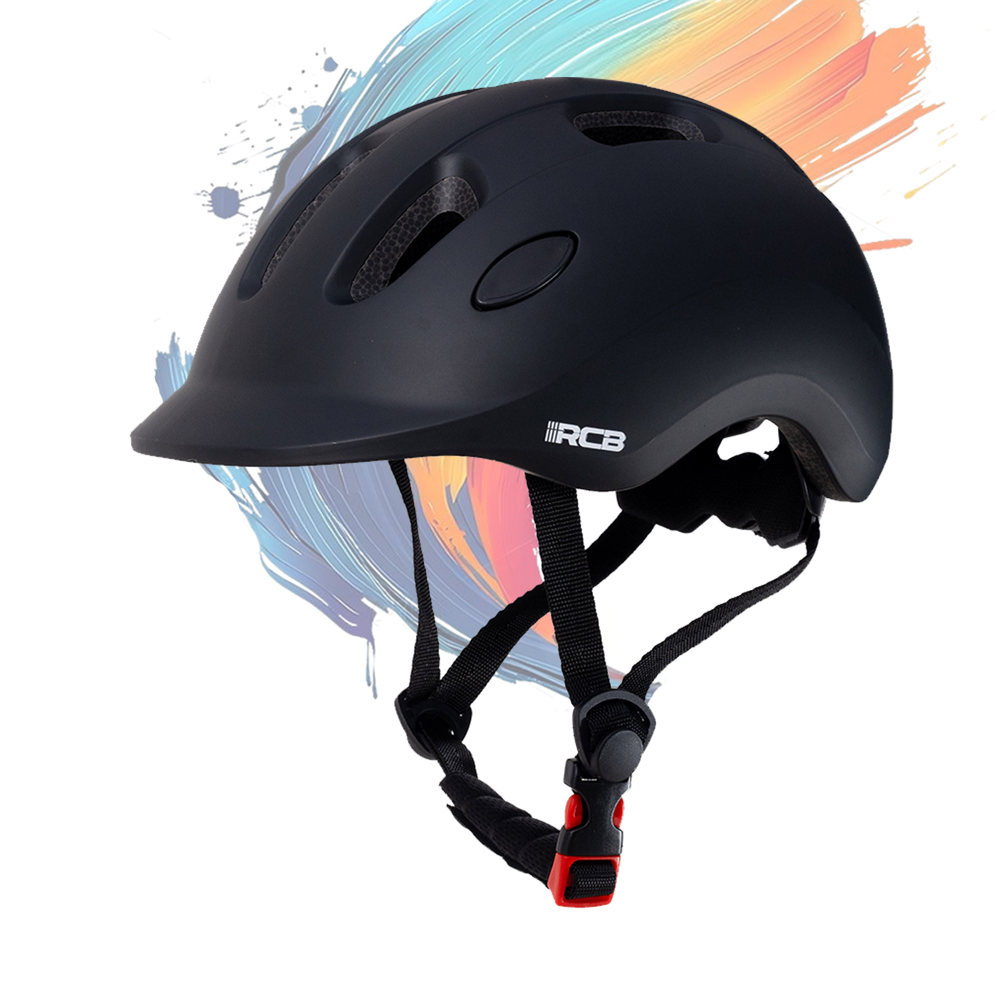 Un casco de bicicleta negro mate con logotipo, ranuras de ventilación y correas para la barbilla sobre un fondo colorido.