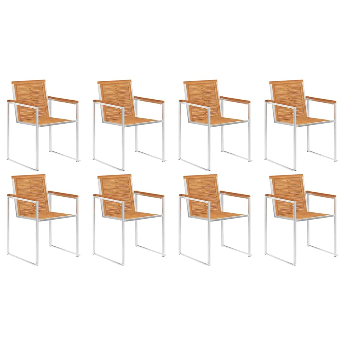 Acht identische Outdoor-Sessel in zwei Reihen mit Metallgestell und Holzlatten.