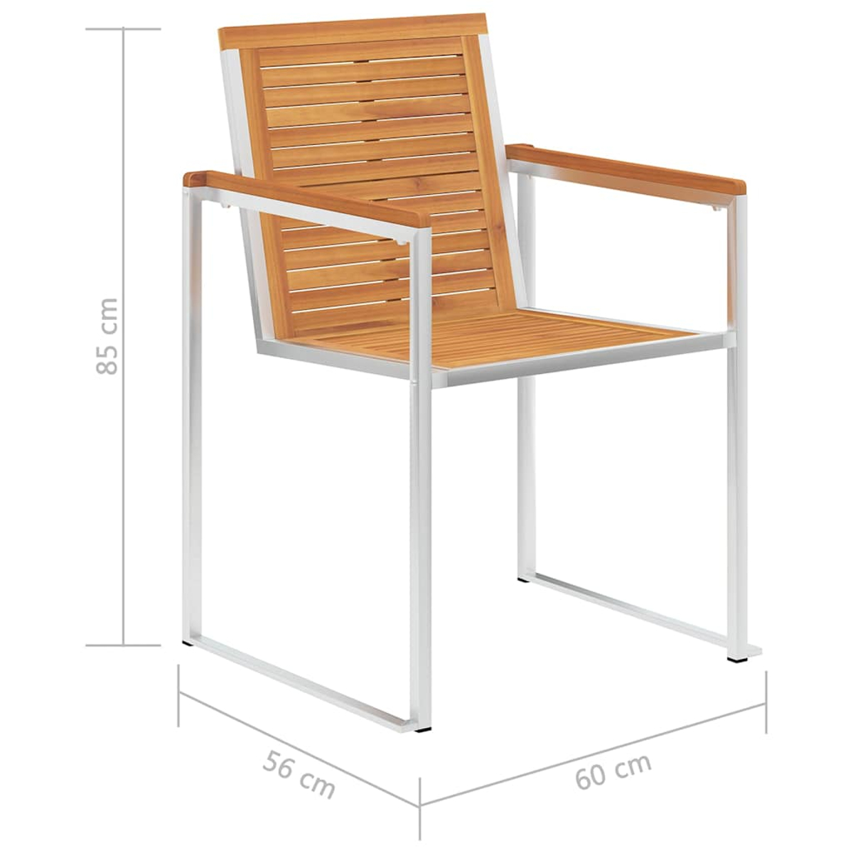 Ein Gartenstuhl aus Holz mit weißem Metallgestell und Maßlinien für Höhe, Breite und Tiefe.