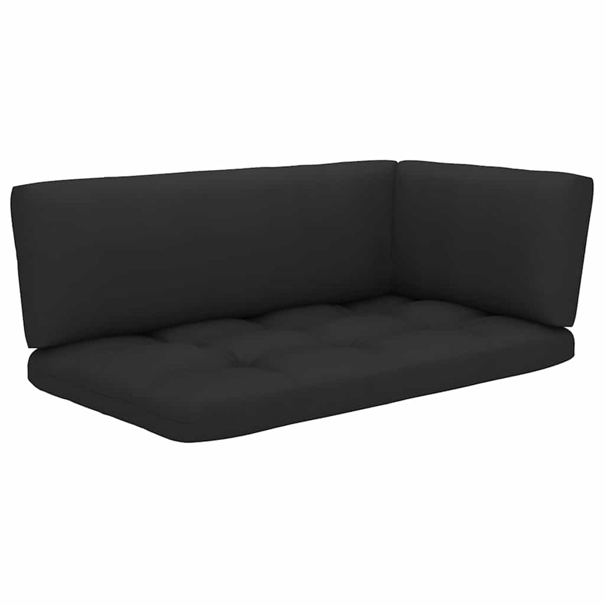 Ein schwarzes Palettensofa mit Rückenkissen und Seitenkissen vor weißem Hintergrund.