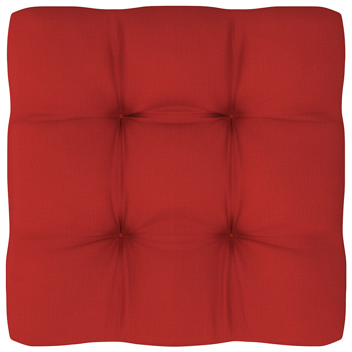 Ein quadratisches rotes Sitzkissen mit Tufting-Knöpfen vor einfarbigem Hintergrund.