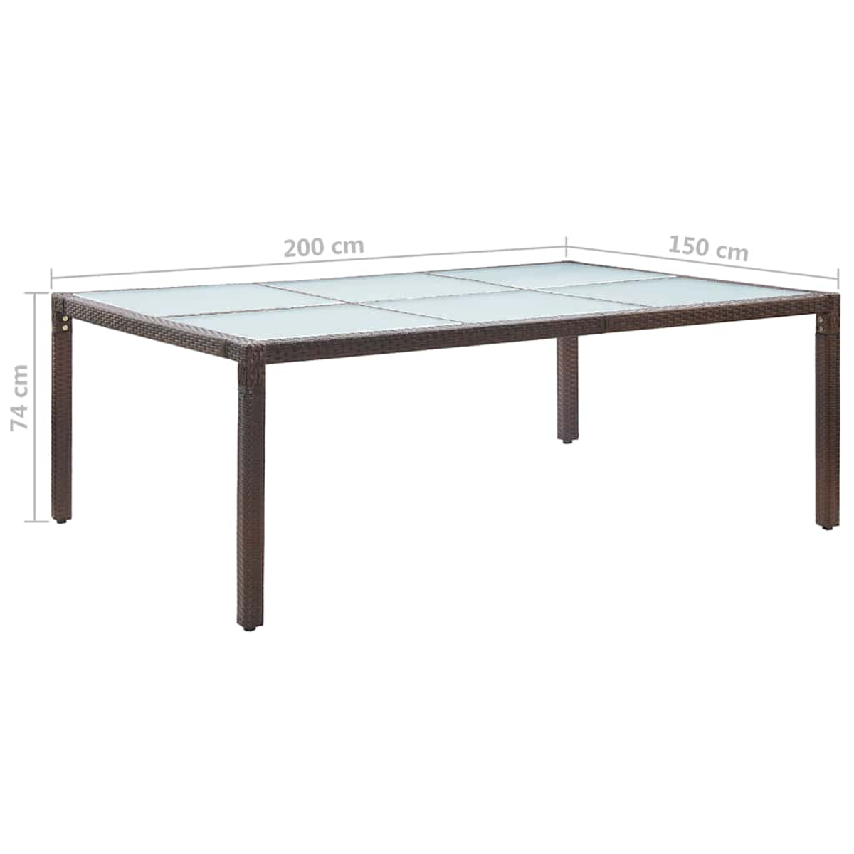 Brauner Rattan-Gartentisch mit Glasplatte und Maßangaben: 200x150x74 cm.