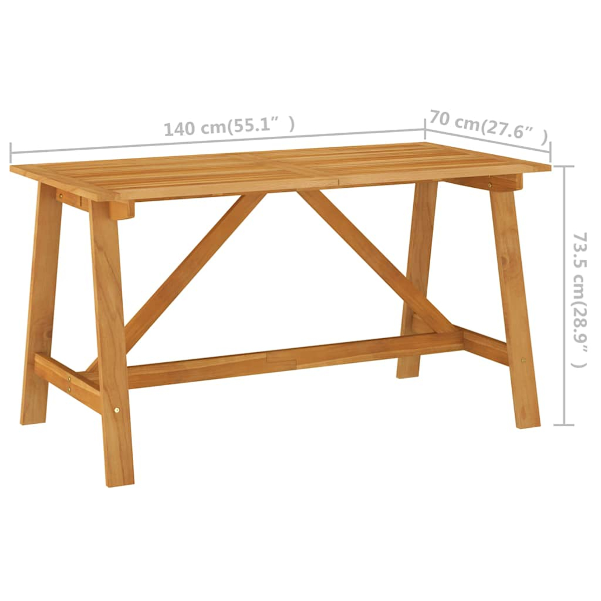 Rechteckiger Holztisch mit Maßangaben: 140 cm lang, 70 cm breit und 73,5 cm hoch.