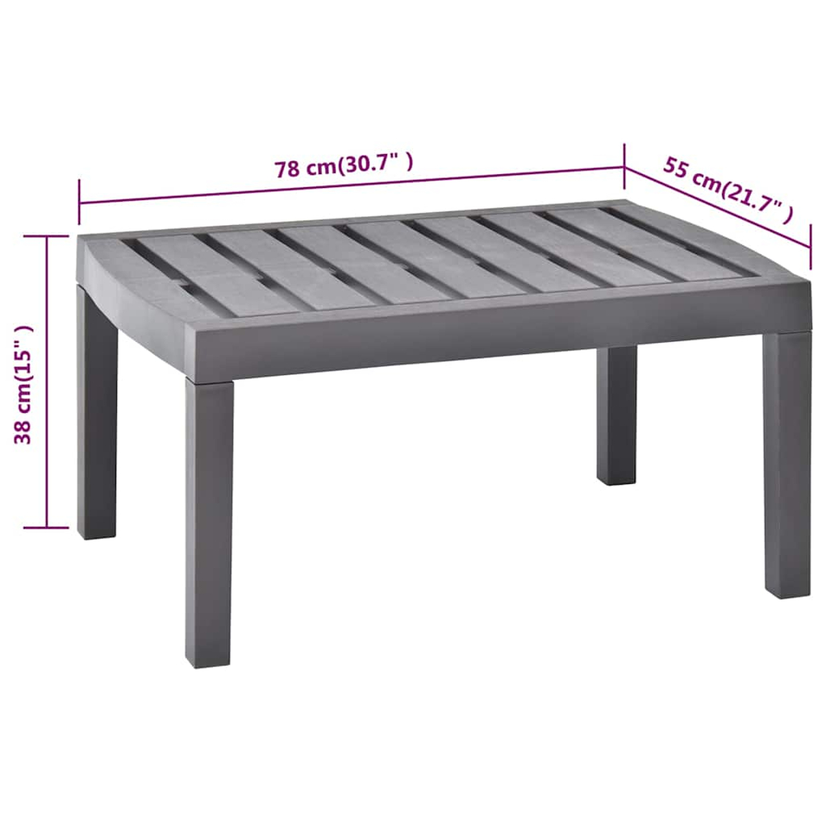 Grauer Gartentisch mit Maßen: 78 cm Breite, 55 cm Tiefe, 38 cm Höhe.