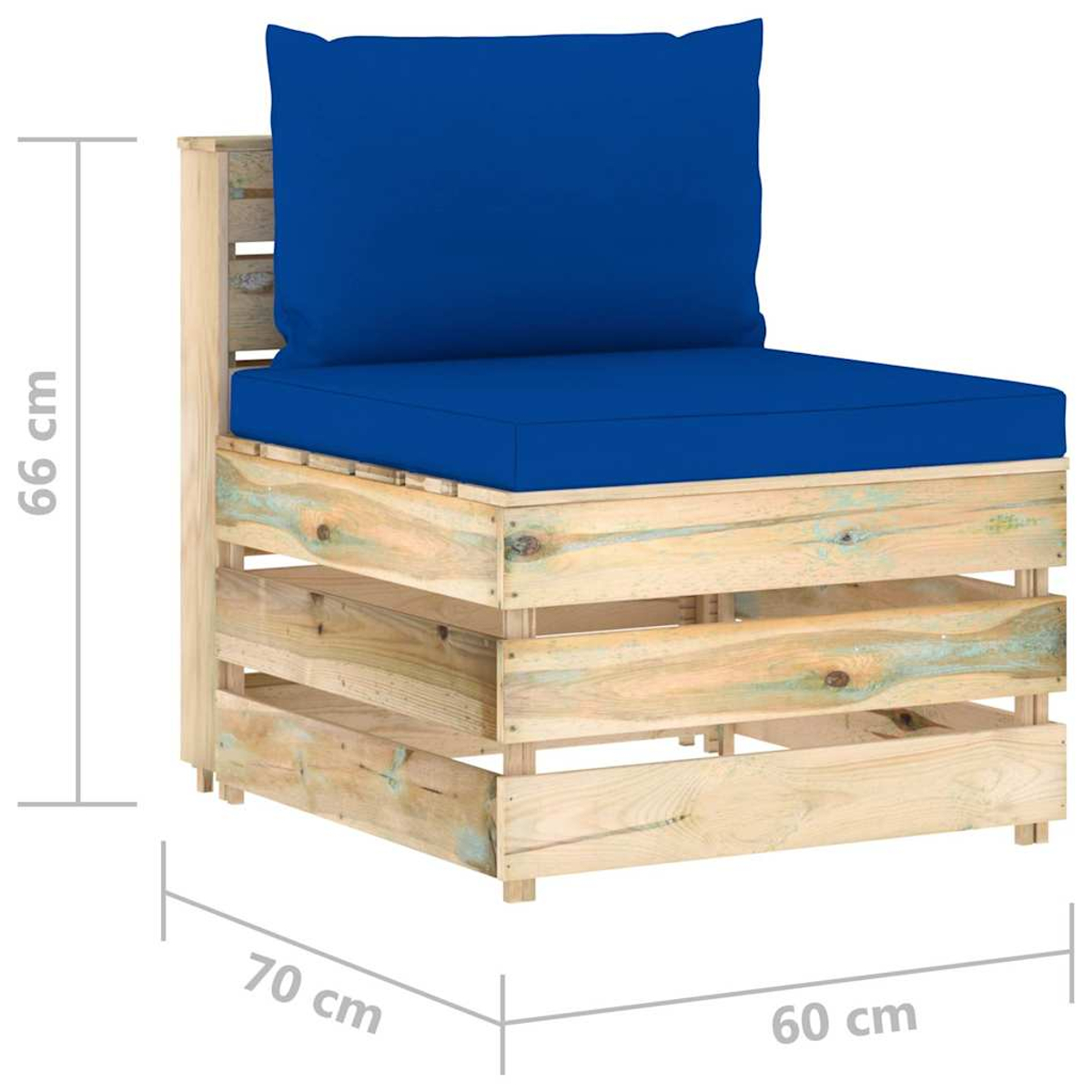Ein Palettensofa aus Holz mit leuchtend blauen Kissen und Bemaßungslinien für die Höhe und Tiefe.