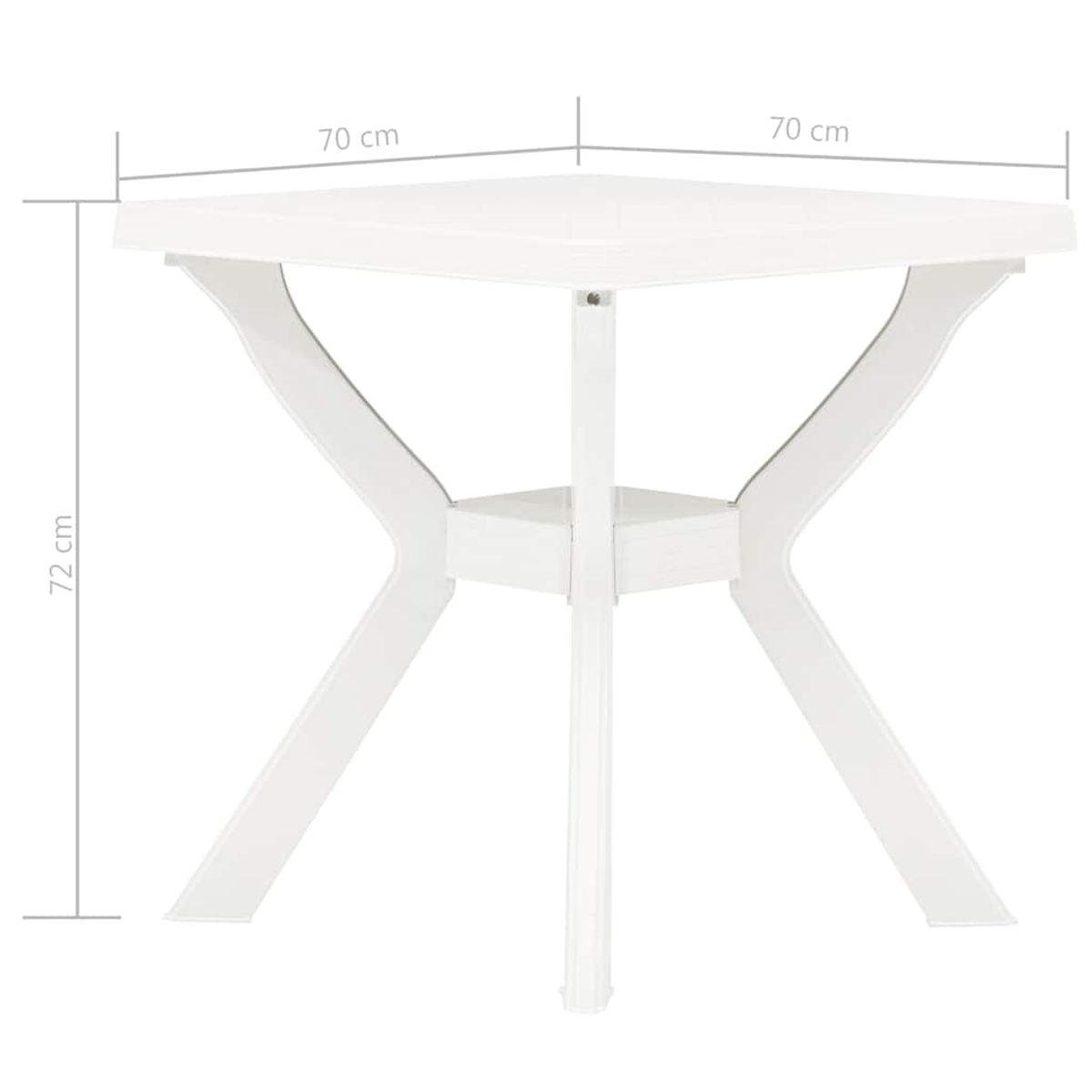 Ein weißer, quadratischer Gartentisch mit Maßen: 70 cm Breite und 72 cm Höhe auf weißem Hintergrund.