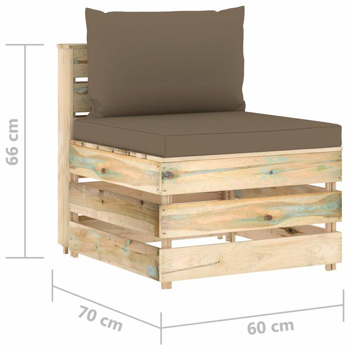 Holzpaletten-Gartensofa mit braunen Kissen und Maßangaben.