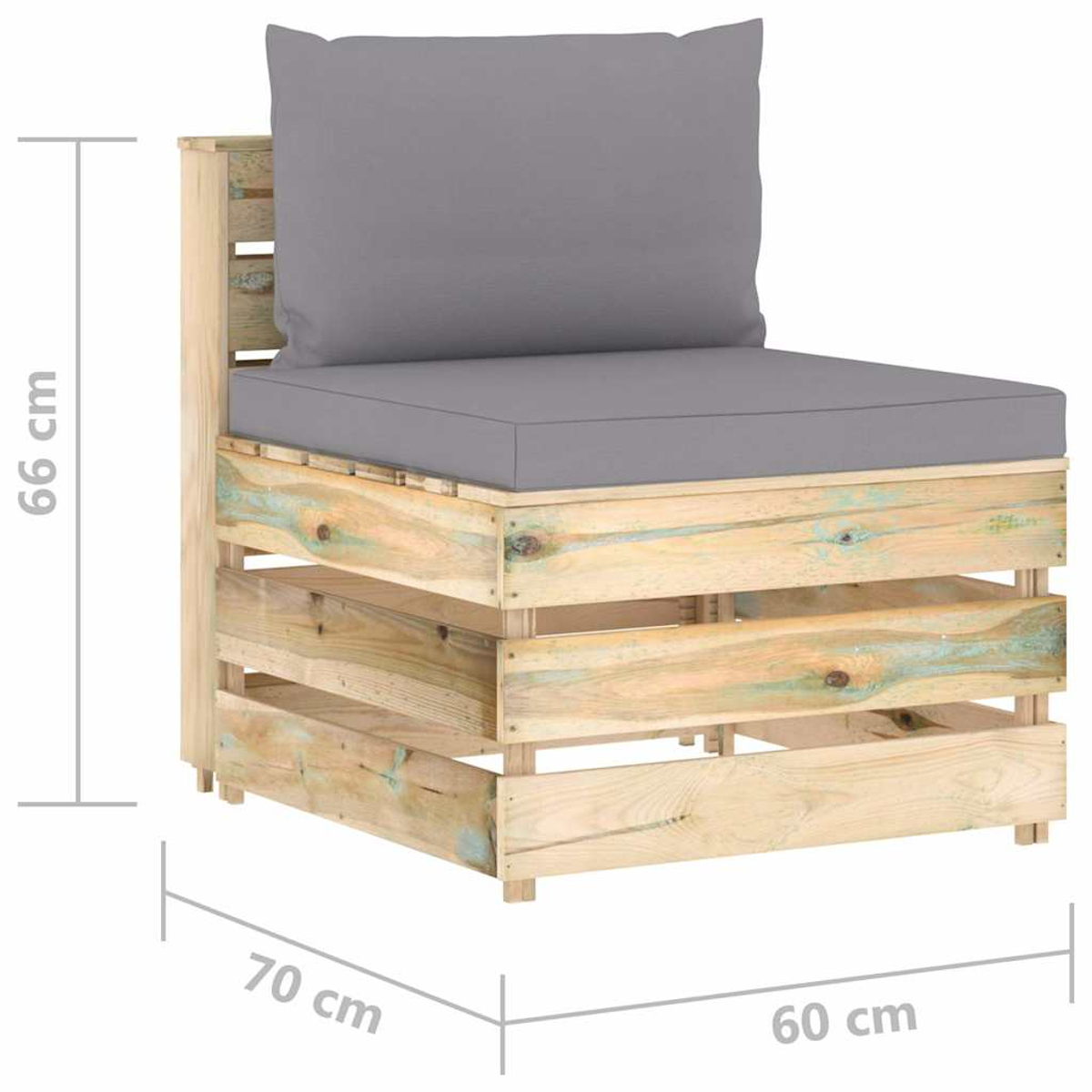 Ein hölzerner Paletten-Gartenstuhl mit grauen Kissen, 66 cm hoch, 70 cm tief und 60 cm breit.