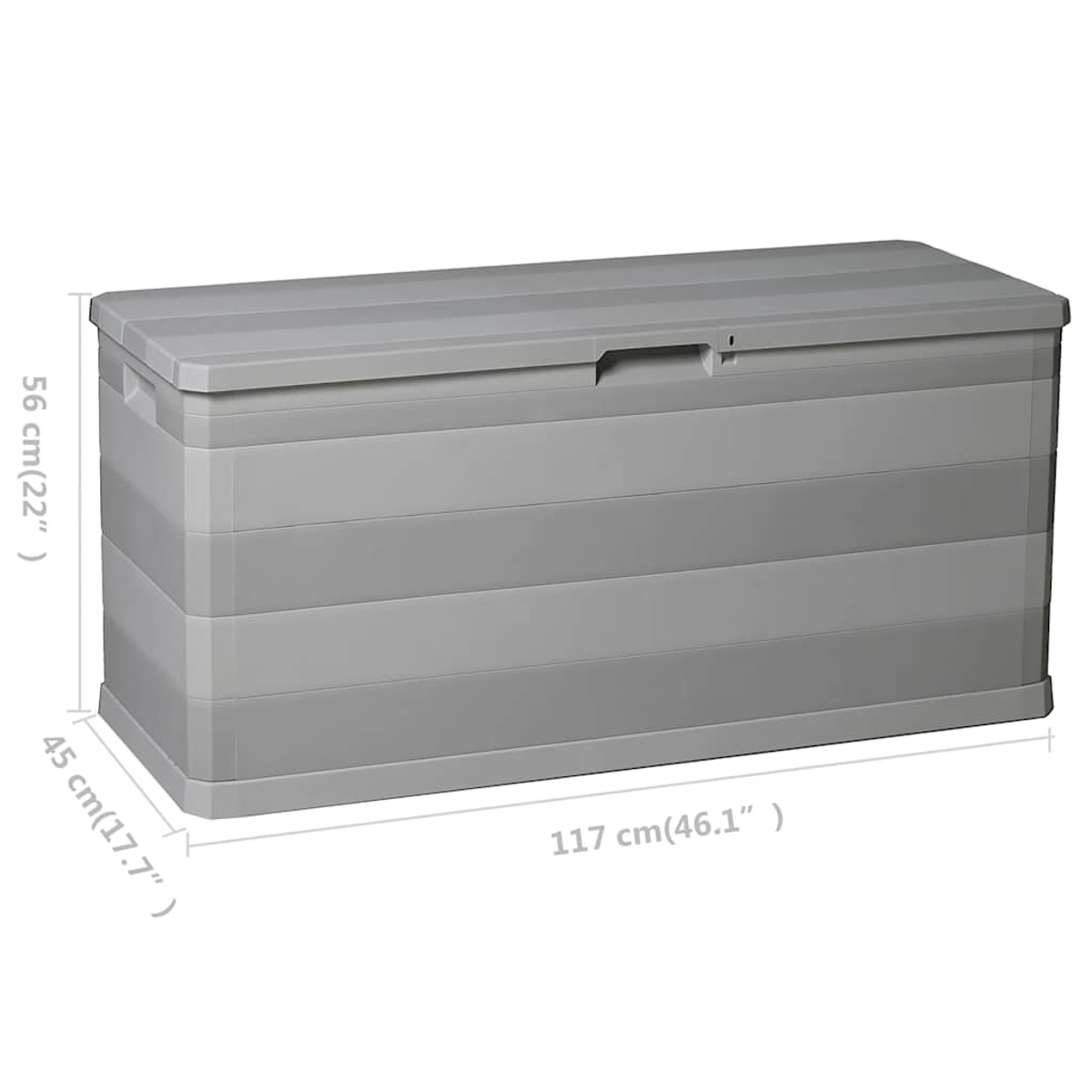 Graue Kunststoff-Gartenbox mit Maßen von 117x45x56 cm auf weißem Hintergrund.