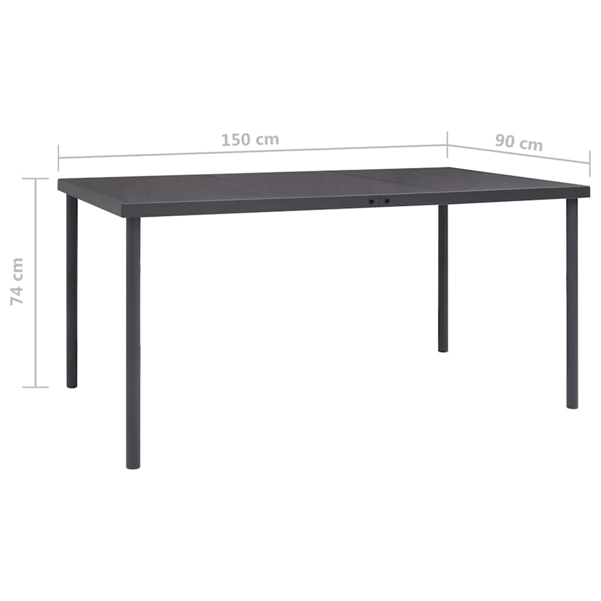 Grauer Esstisch mit Maßen: 150 cm Länge, 90 cm Breite, 74 cm Höhe.