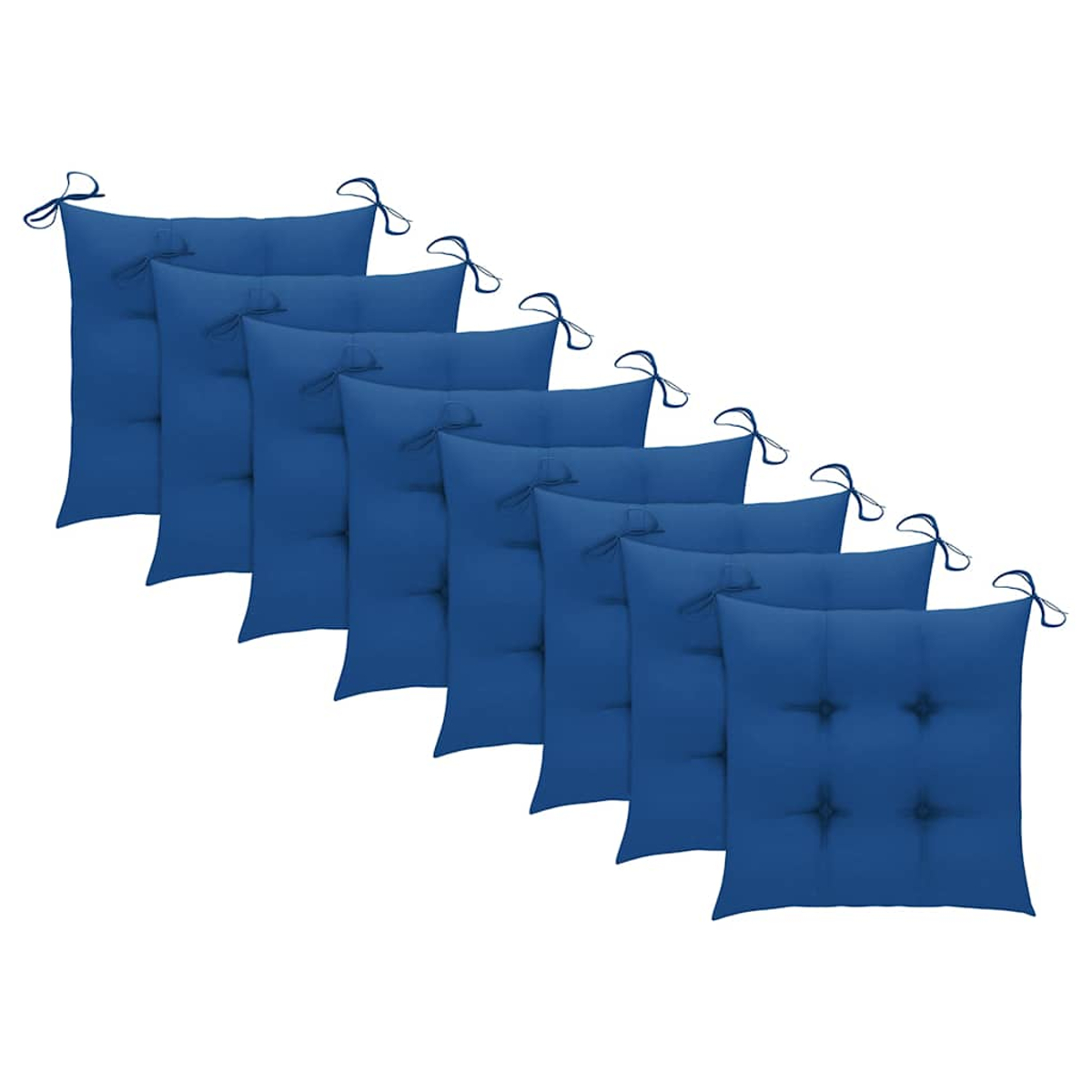 Acht blaue Stuhlkissen mit Bindebändern auf weißem Hintergrund.