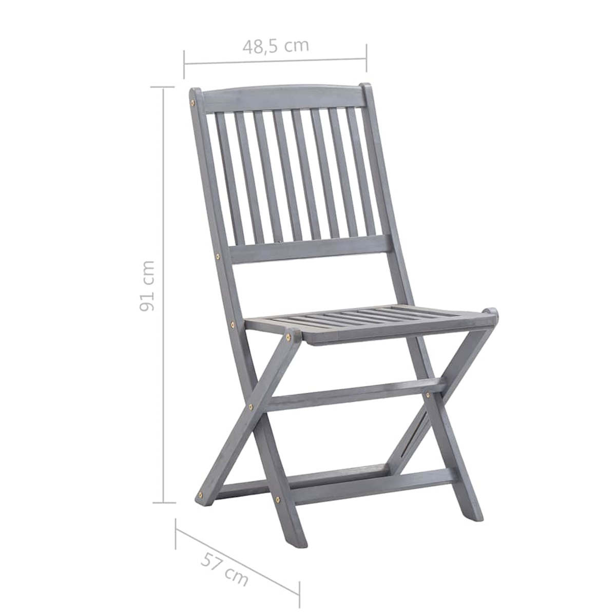 Grauer Holzmöbelstuhl mit Maßen von 48,5 x 57 x 91 cm auf weißem Hintergrund.