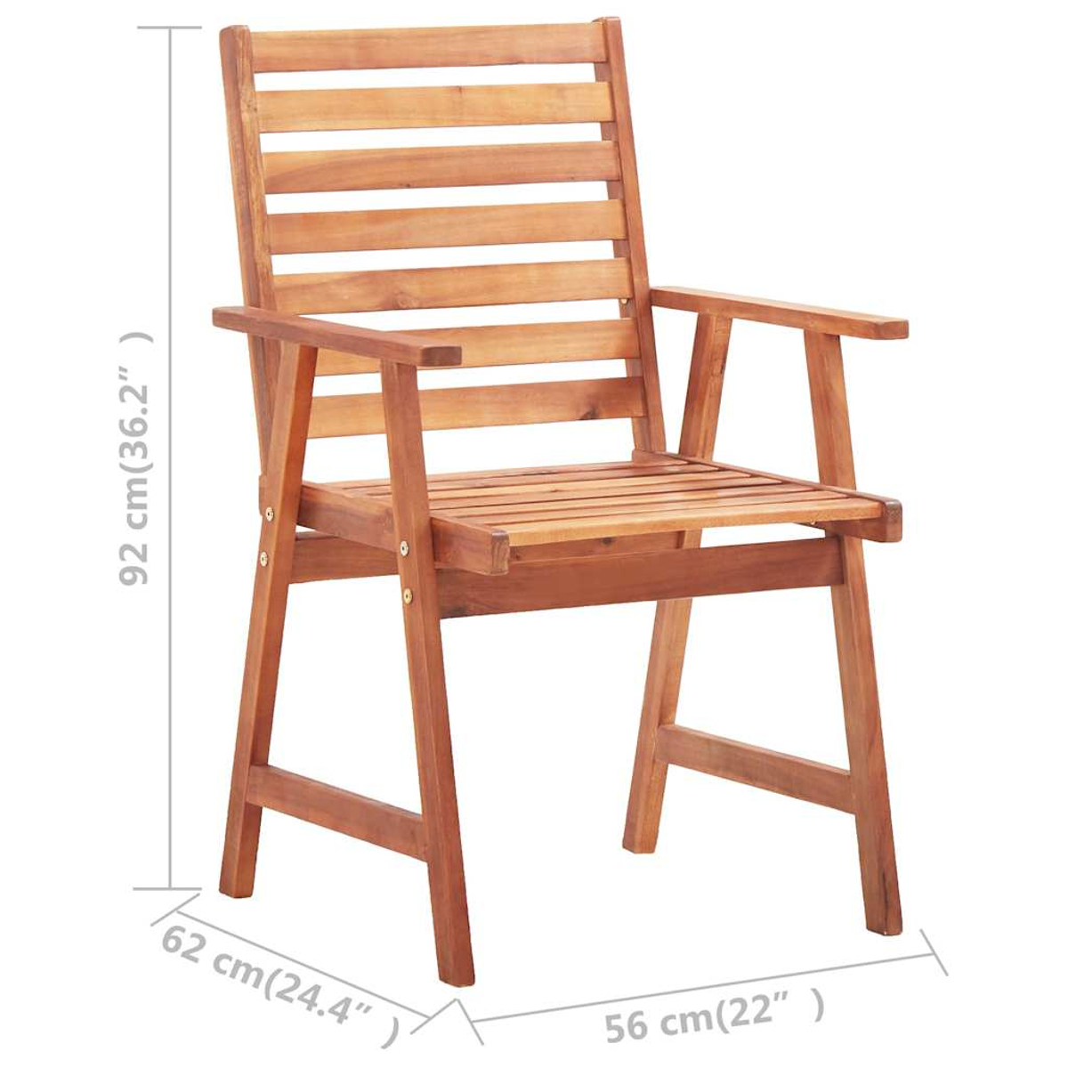 Ein hölzerner Sessel mit Lamellendesign und Maßlinien auf weißem Hintergrund.