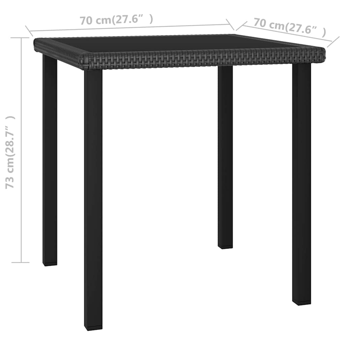Ein schwarzer quadratischer Rattantisch mit Maßen von 70x70 cm und 73 cm Höhe vor weißem Hintergrund.
