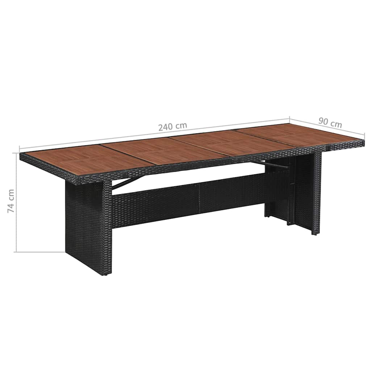 Langer, rechteckiger Gartentisch mit brauner Holztischplatte und schwarzem Rattangestell, Maße 240x90x74 cm.