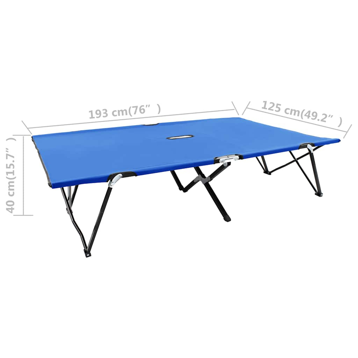 Ein blaues Campingbett mit Metallgestell und Dimensionen 193x125x40 cm auf wei#em Hintergrund.