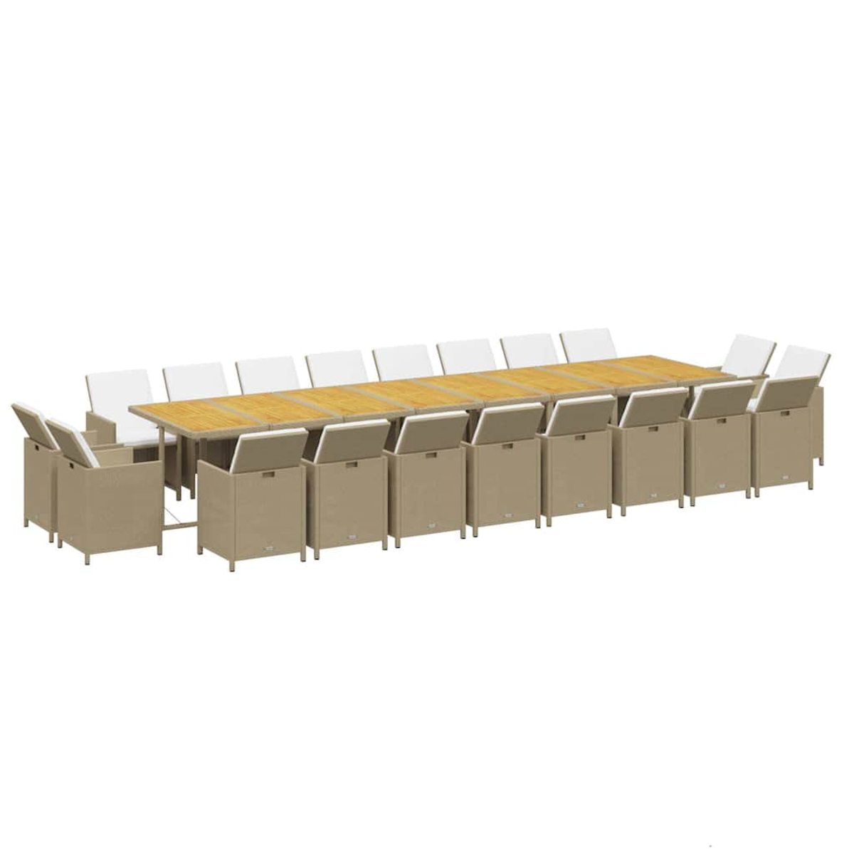 Mesa de comedor larga de madera con muchos sillones de mimbre beige y cojines blancos sobre fondo blanco.