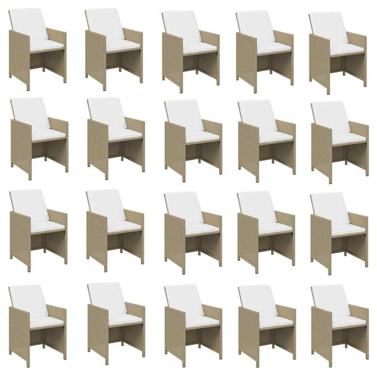 Veinte sillones de ratán beige idénticos con cojines blancos en una cuadrícula.