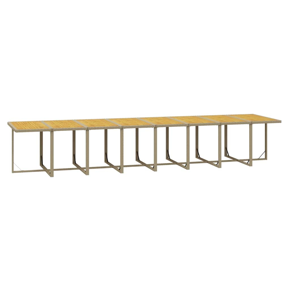 Una mesa de madera larga y rectangular con estructura de metal beige sobre fondo blanco.