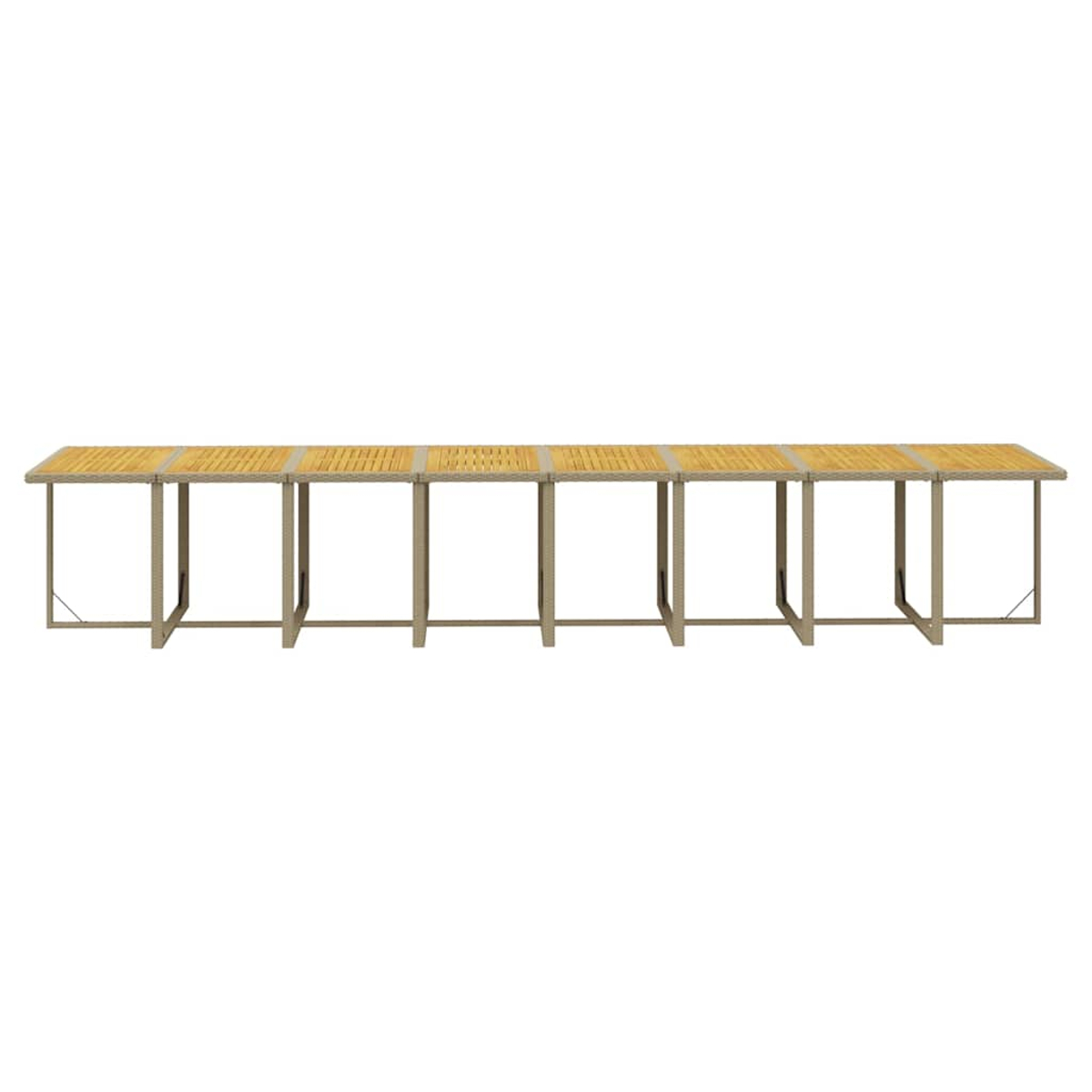 Una mesa de madera larga y rectangular con estructura de metal beige sobre fondo blanco.