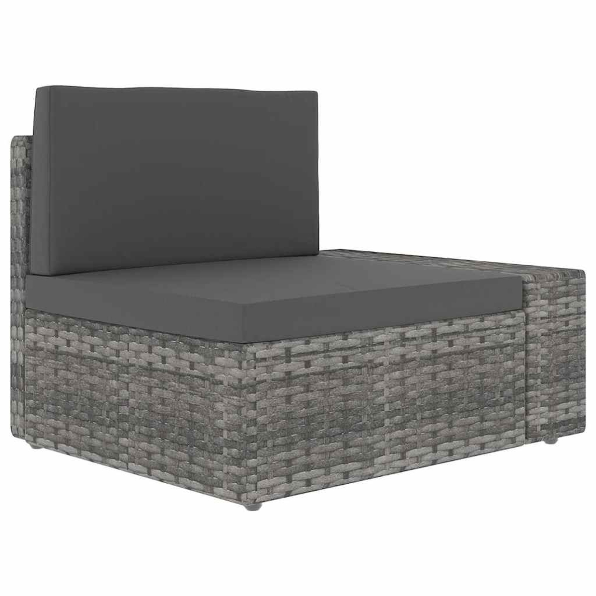 Grauer Poly-Rattan-Gartenstuhl mit dunkelgrauen Sitz- und Rückenkissen vor weißem Hintergrund.