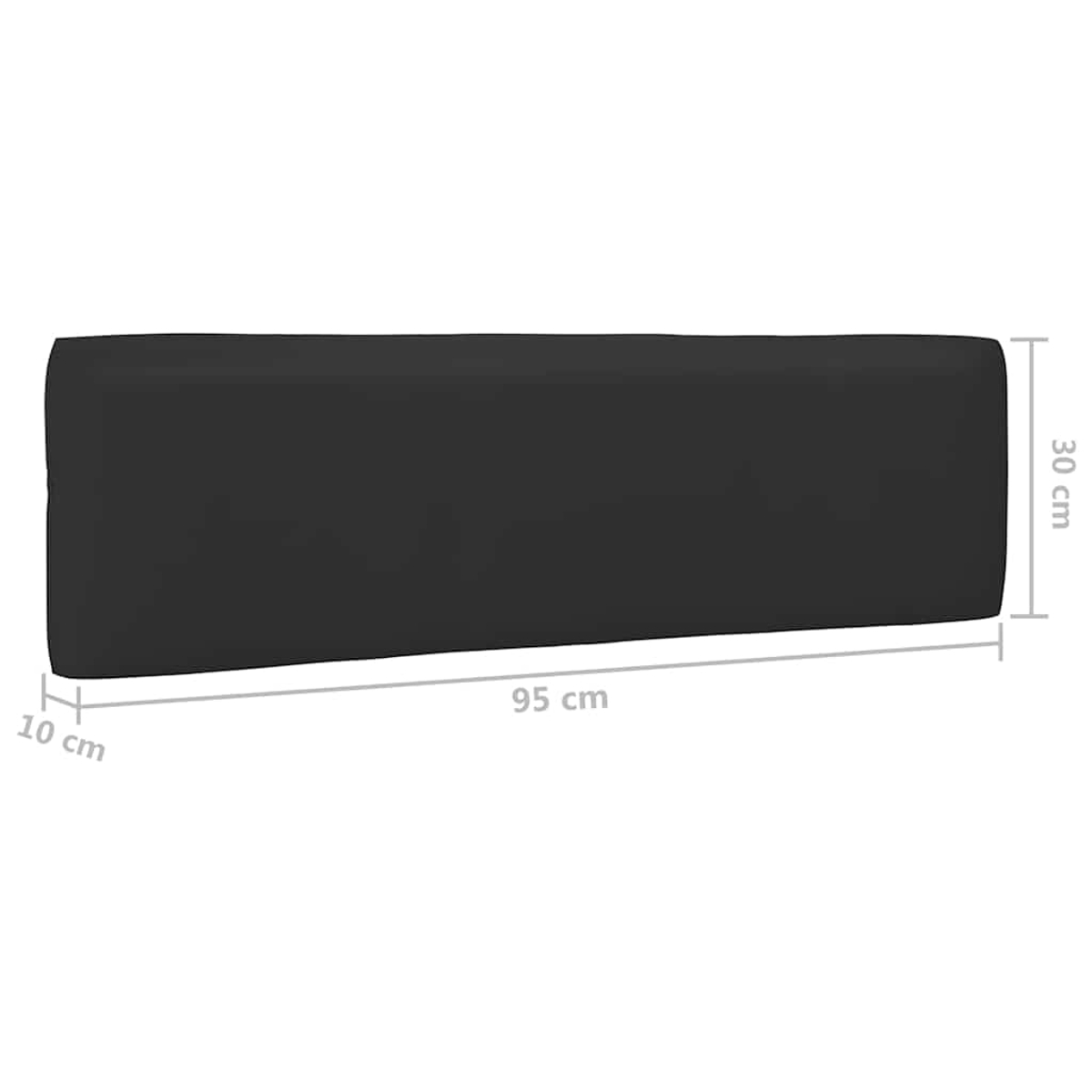 Ein schwarzes rechteckiges Kissen mit Bemaßungen von 95x30x10 cm auf weißem Hintergrund.