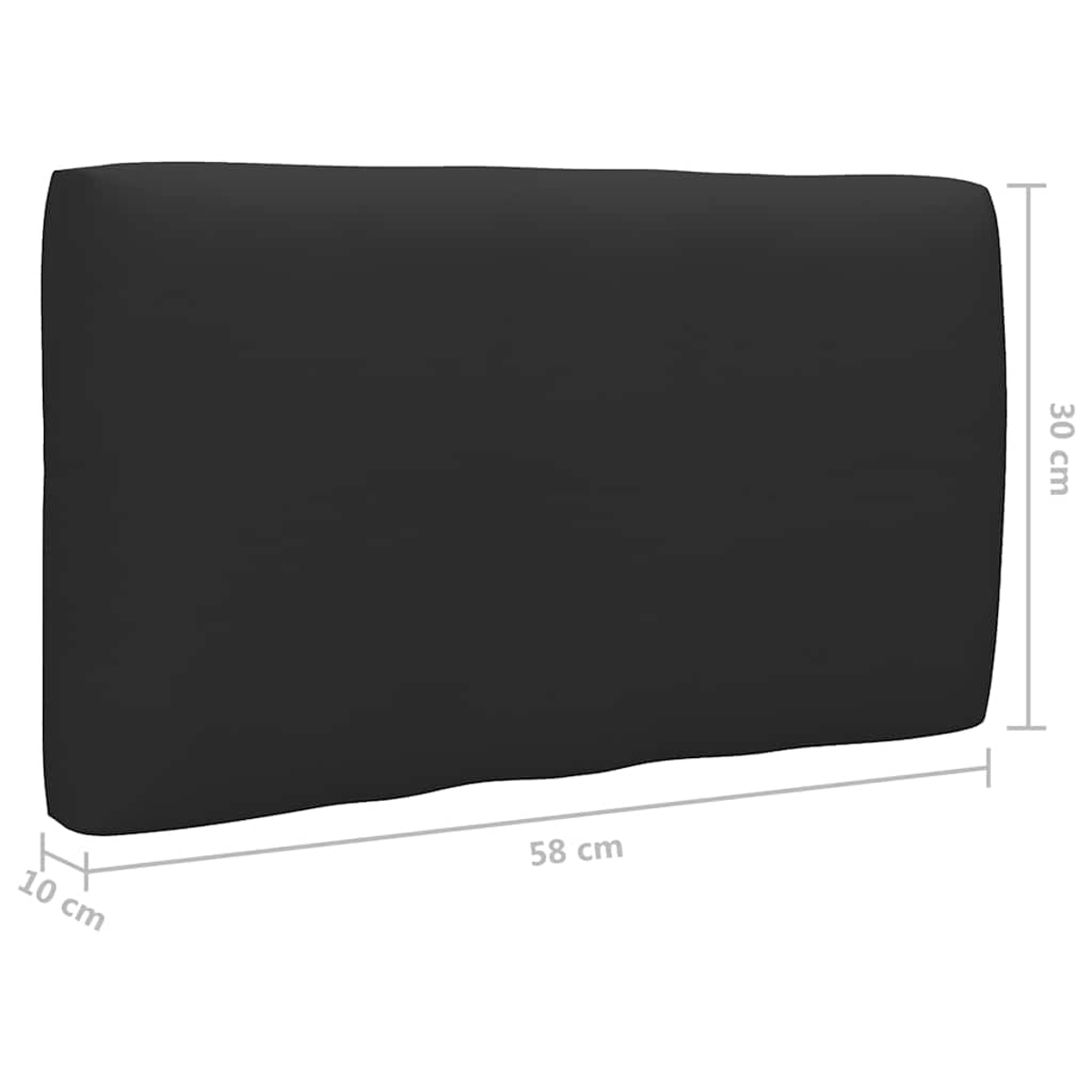 Ein schwarzes rechteckiges Kissen mit den Maßen 58x30x10 cm.