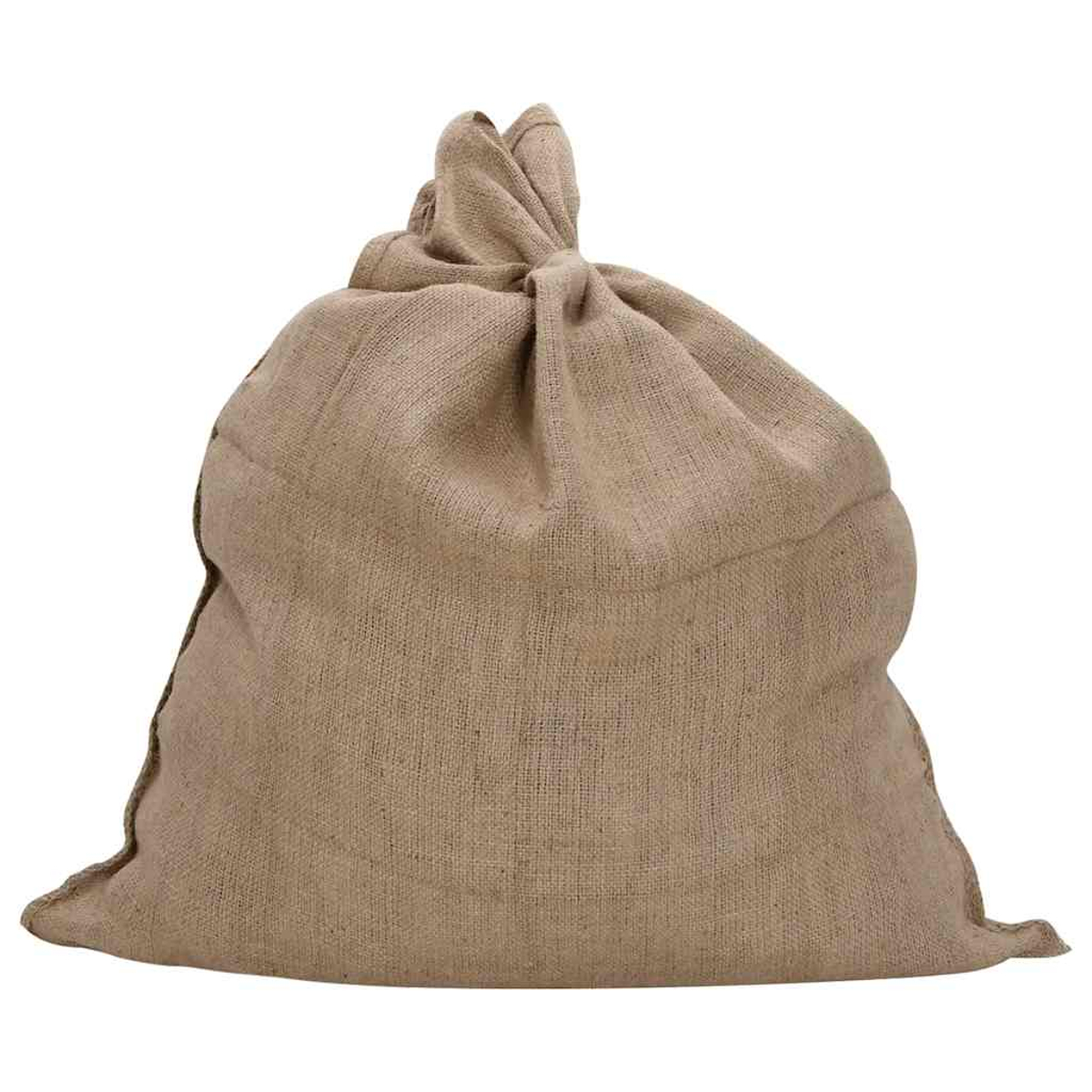 Ein geschlossener Jutesack auf weißem Hintergrund.