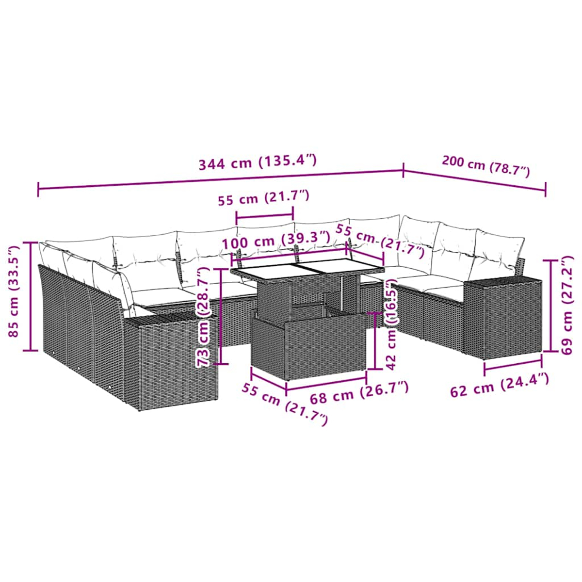 Diagramm einer grauen Rattan-Gartenlounge mit Maßen in Zentimetern und Zoll.