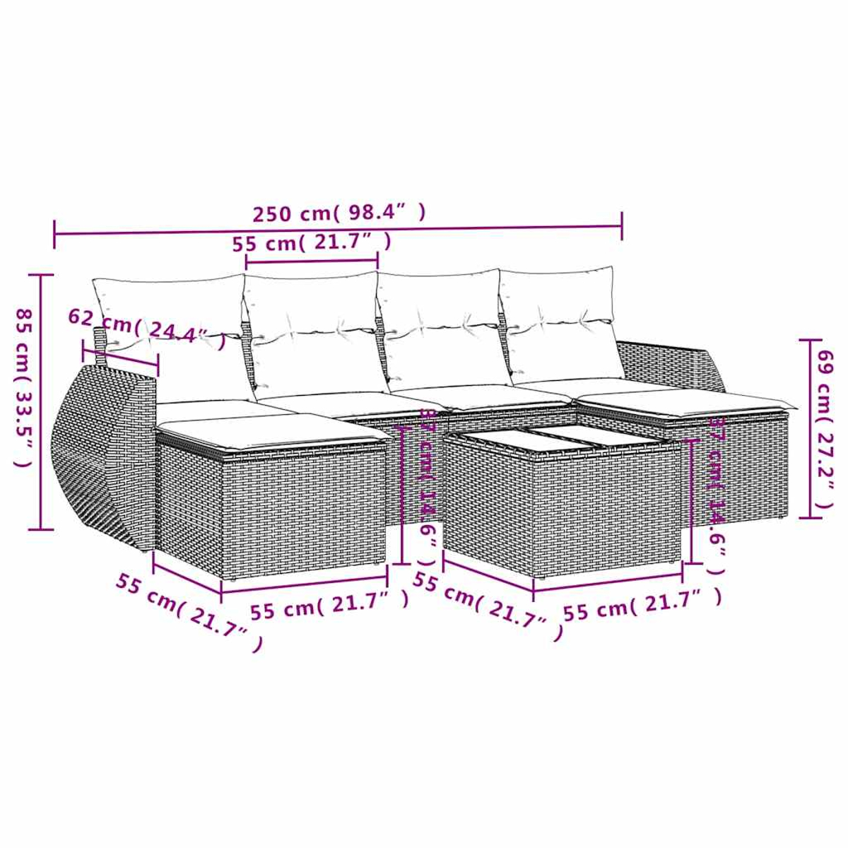 Diagramm einer modularen Gartensofa-Garnitur mit Maßen in cm und Zoll.