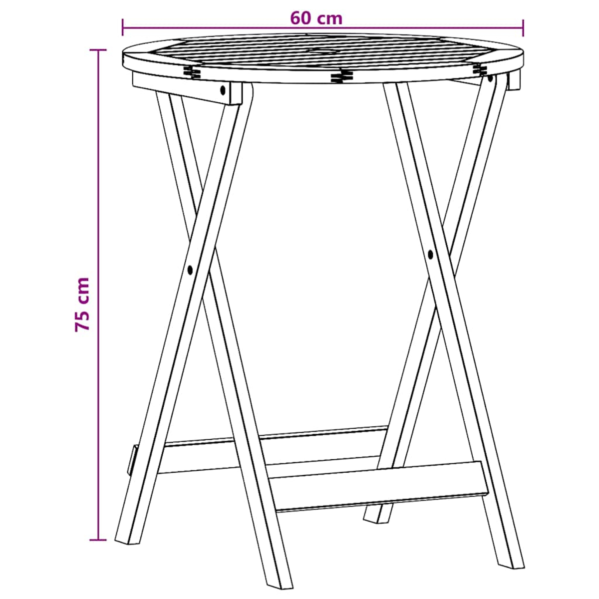 Linienzeichnung eines klappbaren runden Holztisches mit 60 cm Durchmesser und 75 cm Höhe.