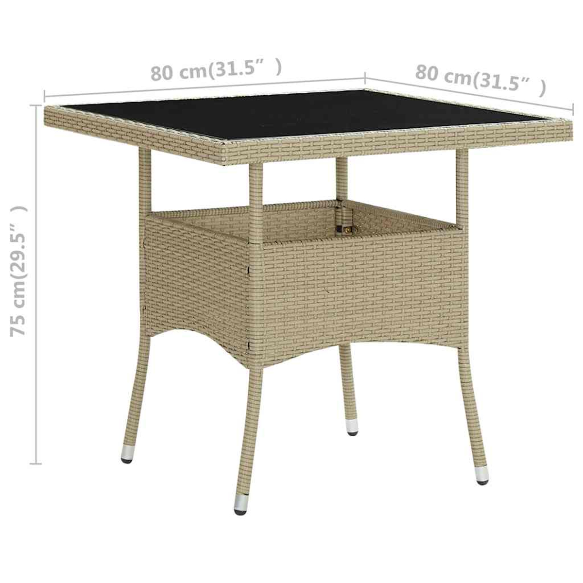 Beige Rattan-Gartentisch mit schwarzer Glasplatte und Maßen 80x80x75 cm.