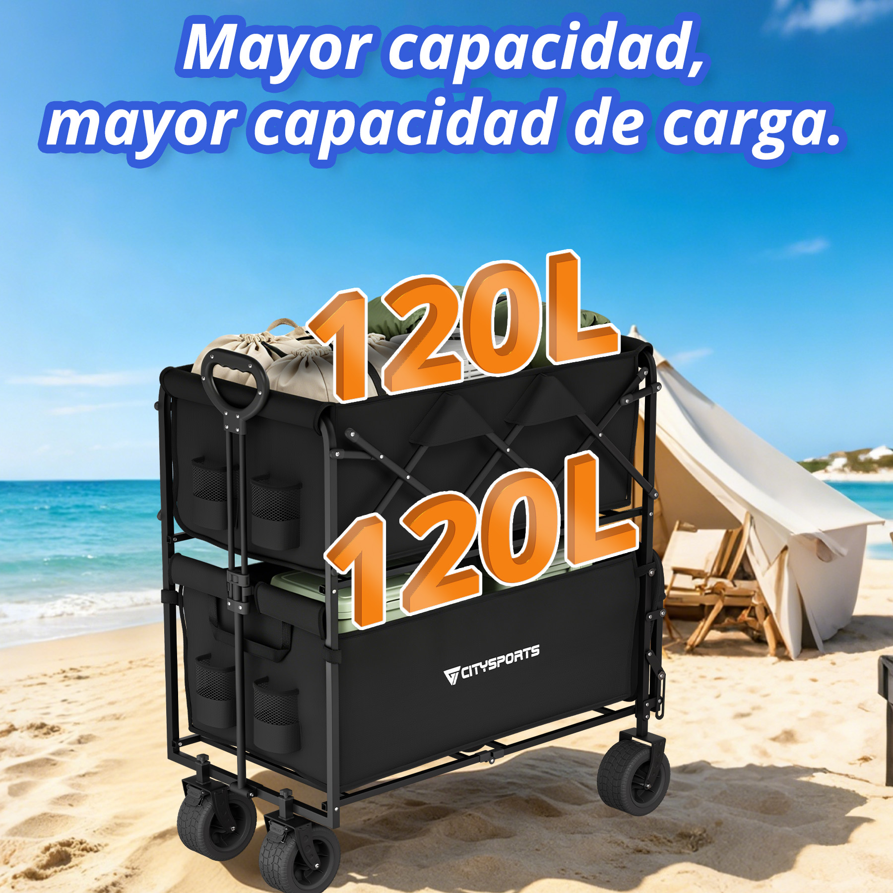 Un carro utilitario negro de dos pisos con 120L de capacidad cargado de bolsas en una playa soleada con una tienda.