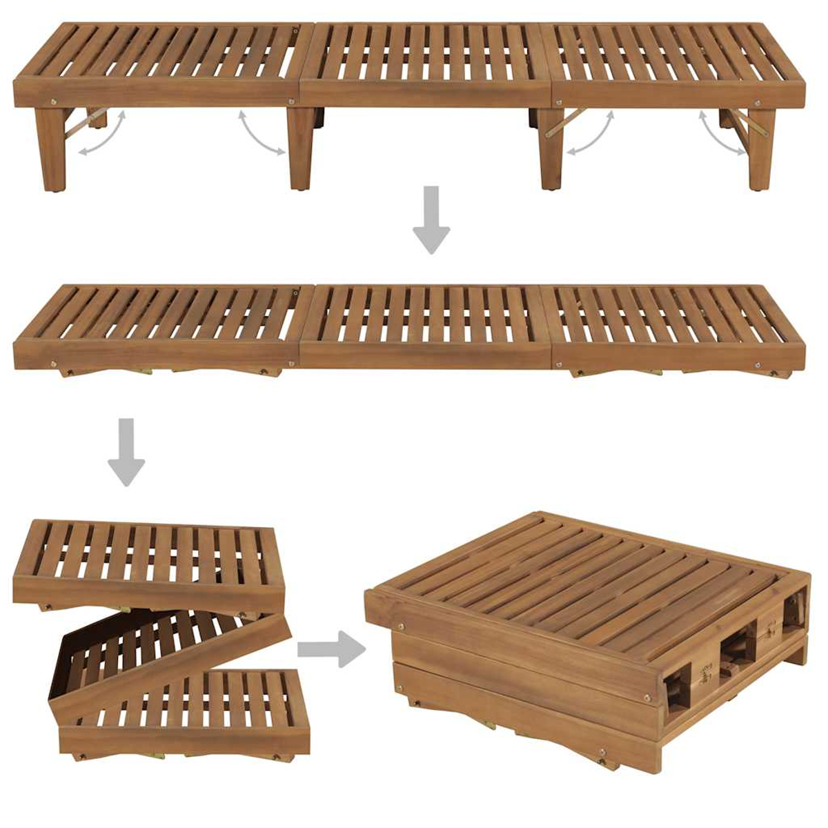 Eine hölzerne Gartenbank faltet sich Schritt für Schritt in eine kompakte Box zusammen.