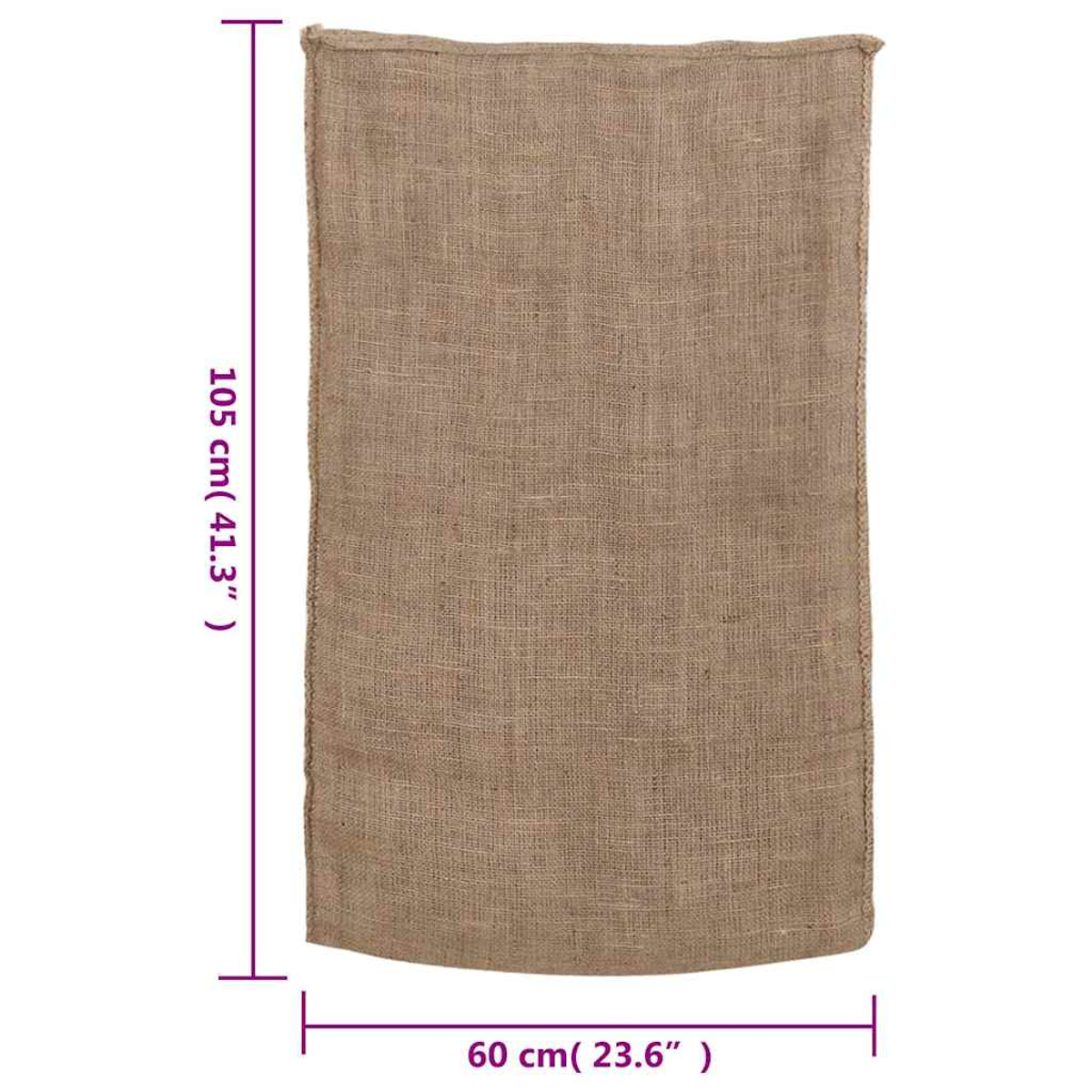 Ein brauner Jutesack mit den Maßen 105 cm Höhe und 60 cm Breite auf weißem Hintergrund.