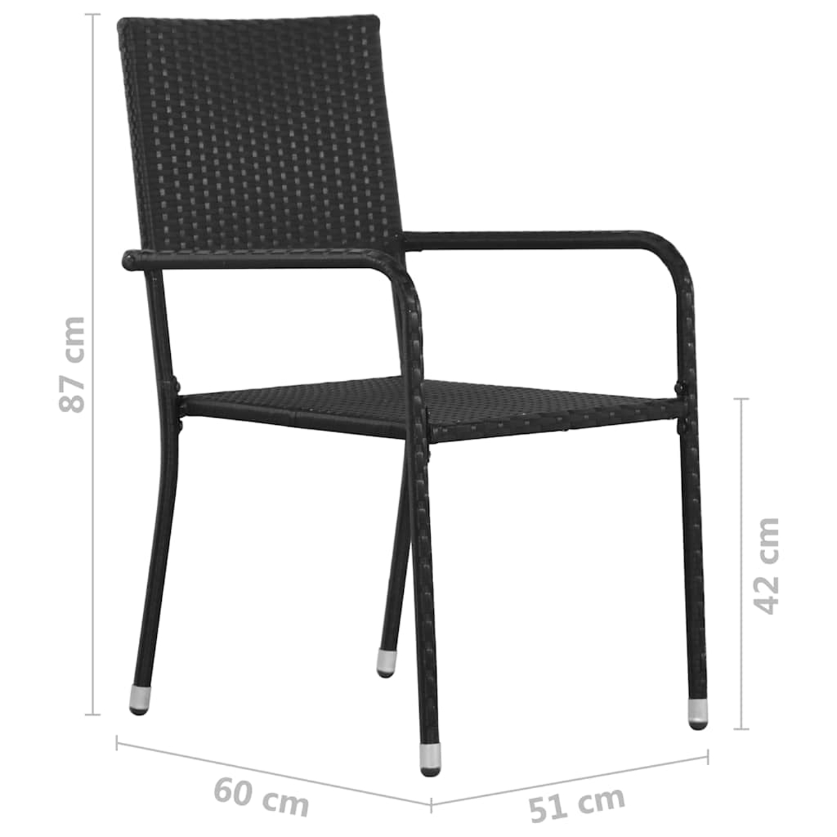 Schwarzer Rattanstuhl mit Metallbeinen und Maßen von 87x60x51 cm.