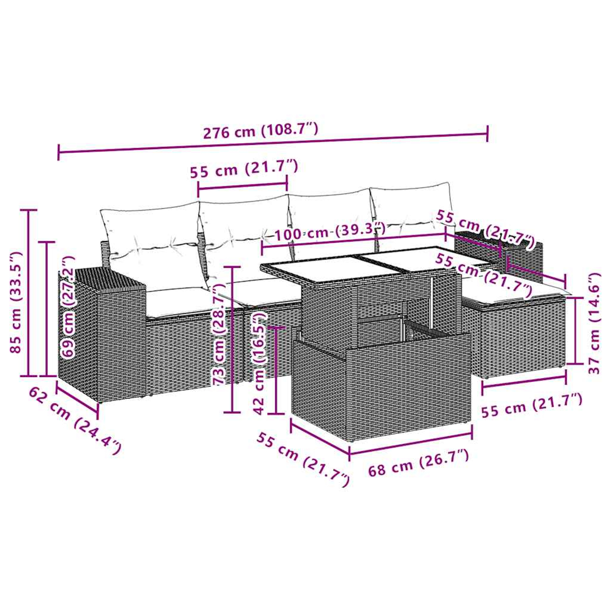 Diagramm zeigt die Maße einer grauen Rattan-Sitzgruppe mit Kissen.