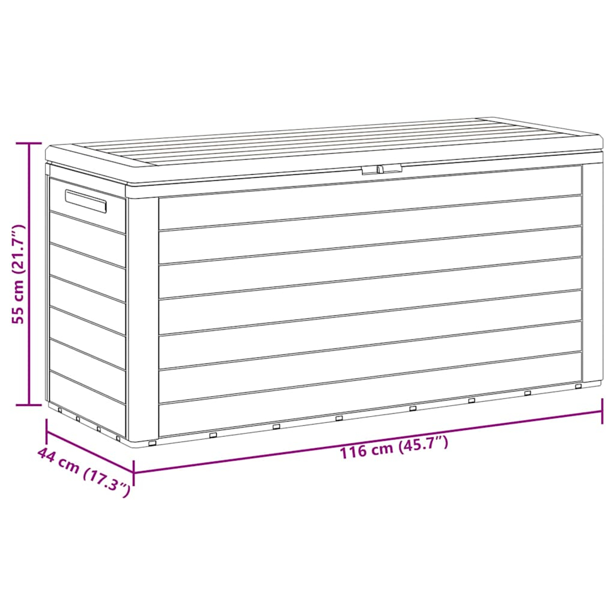 Linienzeichnung einer Aufbewahrungsbox mit Maßen: 116 cm breit, 44 cm tief, 55 cm hoch.
