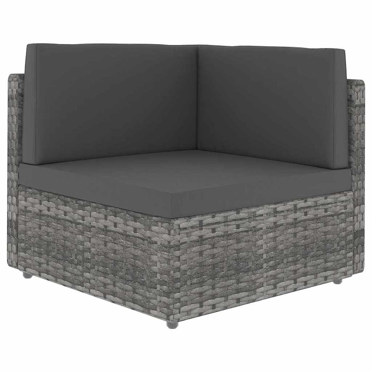 Graues Polyrattan-Ecksofa mit dunklen Kissen.
