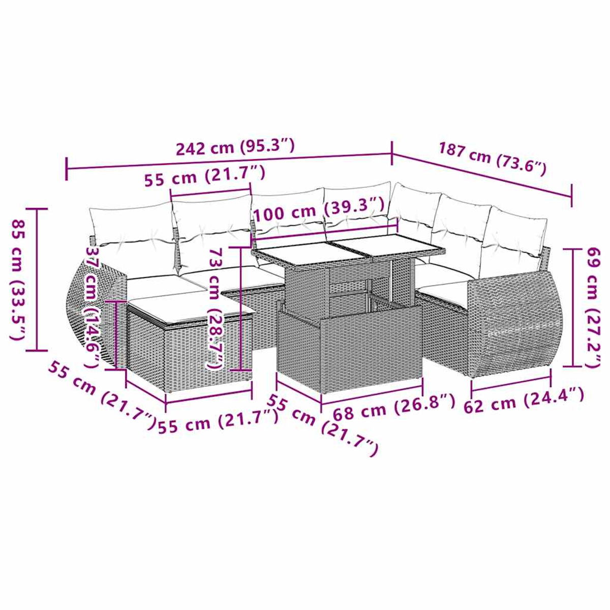 Diagramm zeigt die Maße einer Rattan-Gartensofa-Garnitur mit Tisch und Kissen.